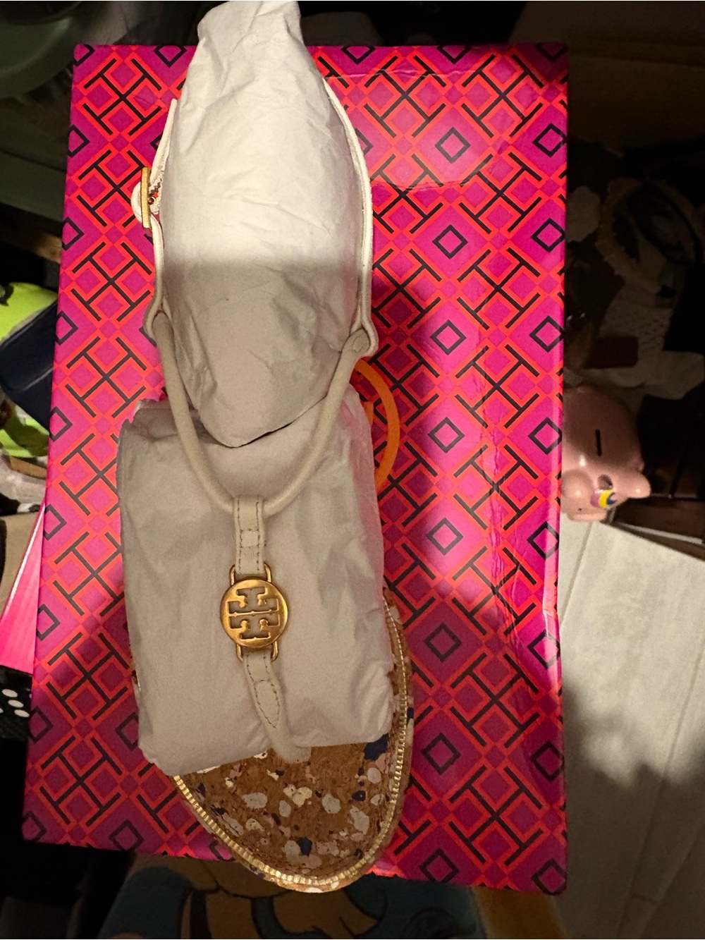 Tory Burch Cream Leather Logo Thong Sandal with Gold Medallion